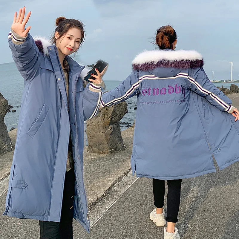 

2019 Dongdaemun down Jacket Cotton-padded Clothes WOMEN'S Dress-Style Stripes Long Embroidered British Style Lettered Loose Cott