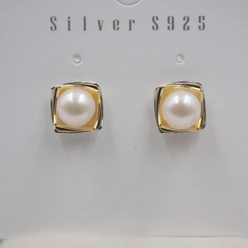 

New Arrival Sterling S925 Silver with Natural Freshwater Round Pearl Square Stud Earrings 17x9mm Women Earrings