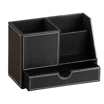 

School PU Leather Desktop Organizer Solid Decorative Pen Holder Stationery Storage Large Capacity Pencil Cup Home With Drawer