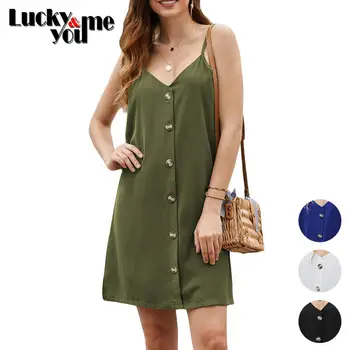

New Arrive 2020 Women Summer Casual Single-Breasted Sleeveless Solid Sling Dresses Girls Street Beach Wear Spaghetti Strap Dress