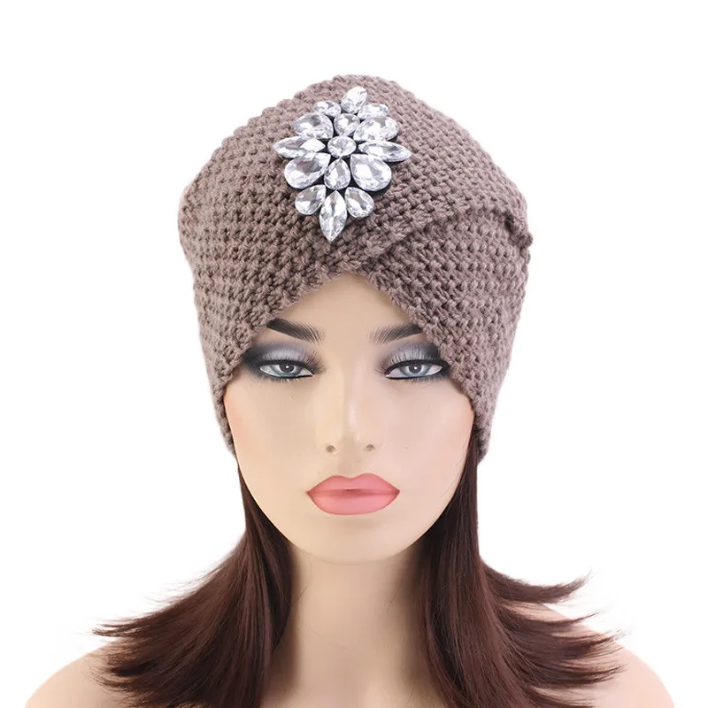 

Wool Elastic Hedging Hat for Women Indian Headwear Winter Warm Handmade Rhinestone Cross Hat FCT006