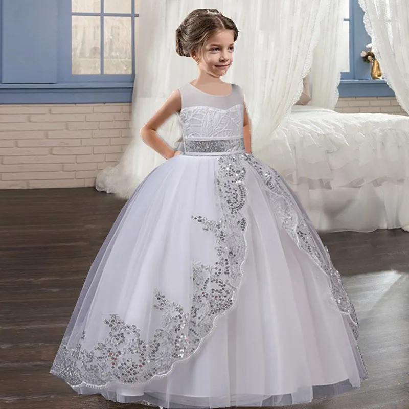 

2024 new flower girl dress Sequin white children wedding party kids clothes first communion princess ball gown vestidos 3-14yrs
