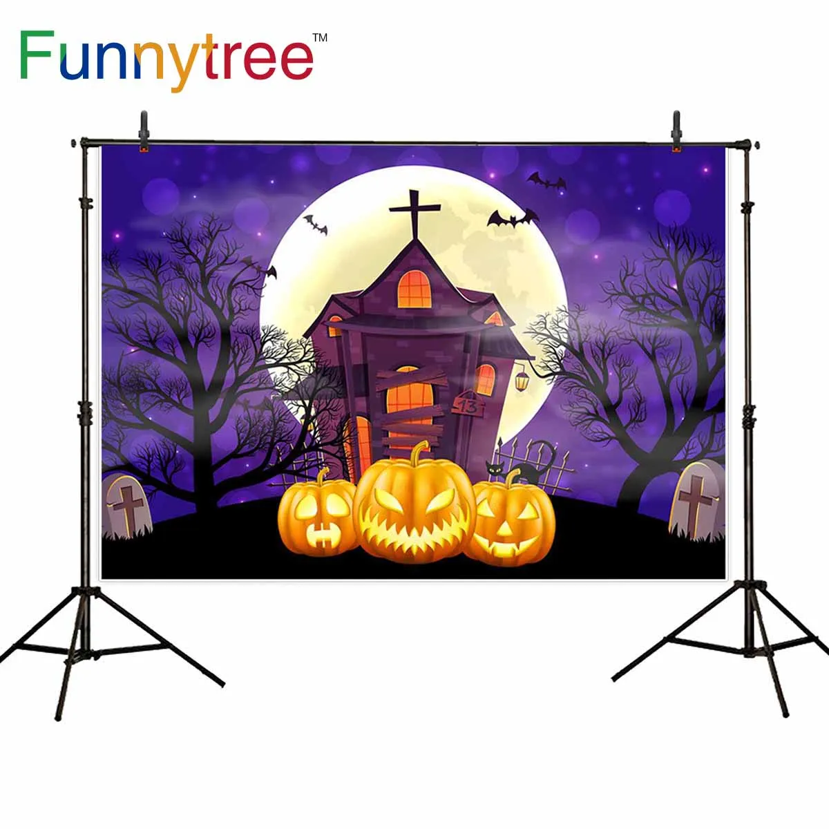 Фон Funnytree для Хэллоуина фотография луна ночь летучая мышь мультяшный фон с