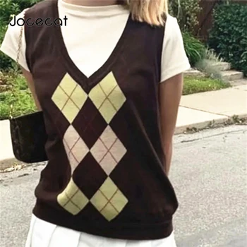 

Jocecat Argyle Plaid Knitted Womens Sweater Vest England Preppy Style Y2K Clothes V Neck Casual 90s Knitwear Autumn Streetwear