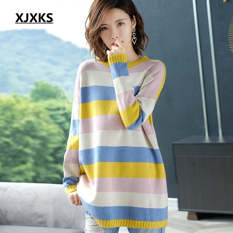 

XJXKS Sueter Mujer 2019 Autumn Winter Korean Retro Strip Sweater Women Casual Loose Knit Pullover Female Jumper Long Sweater