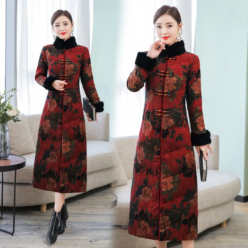 

2019 Winter Retro Silk Long White Duck down Fur Collar down Jacket Real Silk Chinese-style Chinese Costume Coat Cotton-padded Cl