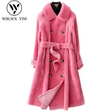 Зимнее пальто Для женщин классическое двубортное ремень Длинная Куртка C мехом тонкий высококачественного меха ягненка пальто Для женщин s толстые теплые пальто