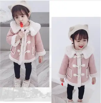 

2019 winter suede solid color plus fleece jacket Korean style foreign style jacket horn button children's wear