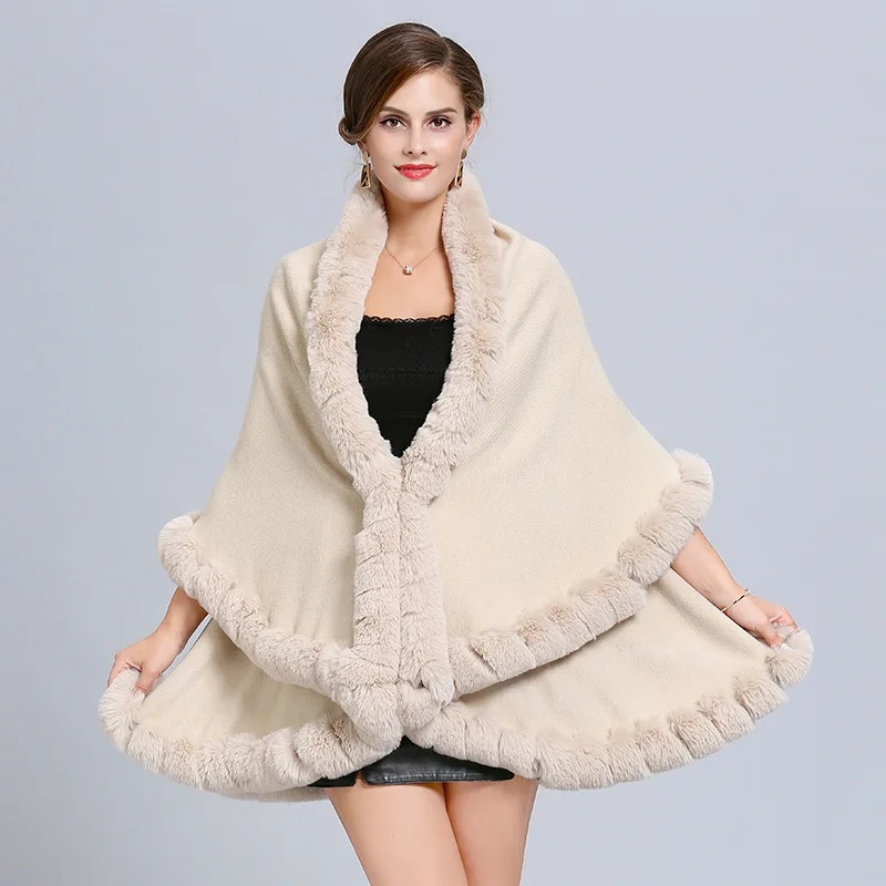 Female Big Pendulum Two Layers Cardigan Coat Women Winter Soild String Faux Fox Fur Collar Out Streetwear Black Poncho Capes