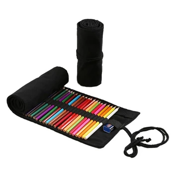 

72 Hole Pencil Pouch Black Handmade Canvas Curtain Pencil Case Organition Office Brush Sketch Color Lead Storage Bag