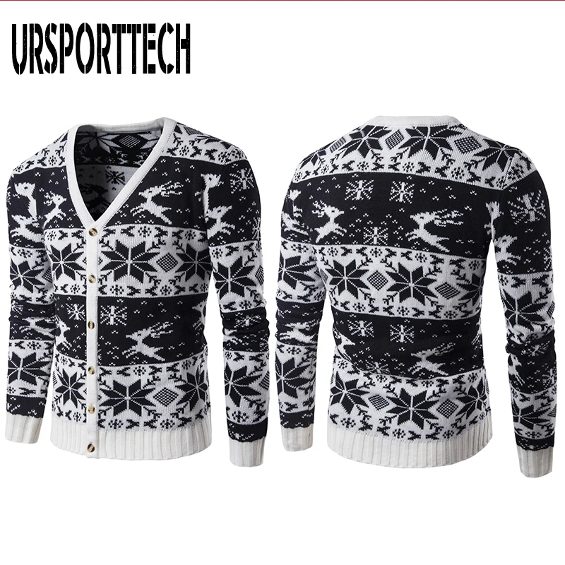 Fashion Christmas Sweater Men Autumn Winter Warm Printed Single-breasted Knit Cardigan Casual Stand Collar Mens Cardigan Sweater