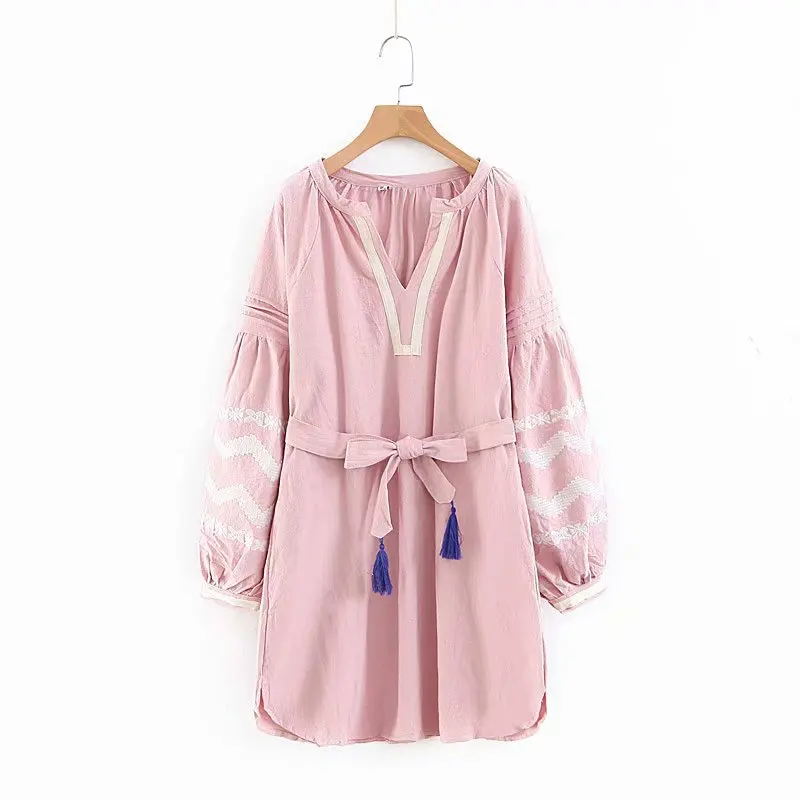 

Belt Ornaments Embroidery Dress Women's Autumn New Style V-neck Tassels Lace-up Lantern Sleeve Long Sleeve Fashion Skirt