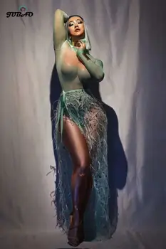 

Costum Singer Sexy Women Top Elastic Bodysuit WithTrailing skirt Feathers NightClub Solid Dj Ds Skinny Jumpsuit for women 2019