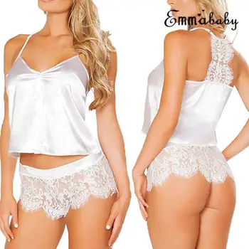 

S-XL Size Women's Sleepwear Sexy Satin Pajama Set Black Lace V-Neck Pyjamas Sleeveless Cute Cami Top and Short pijama mujer
