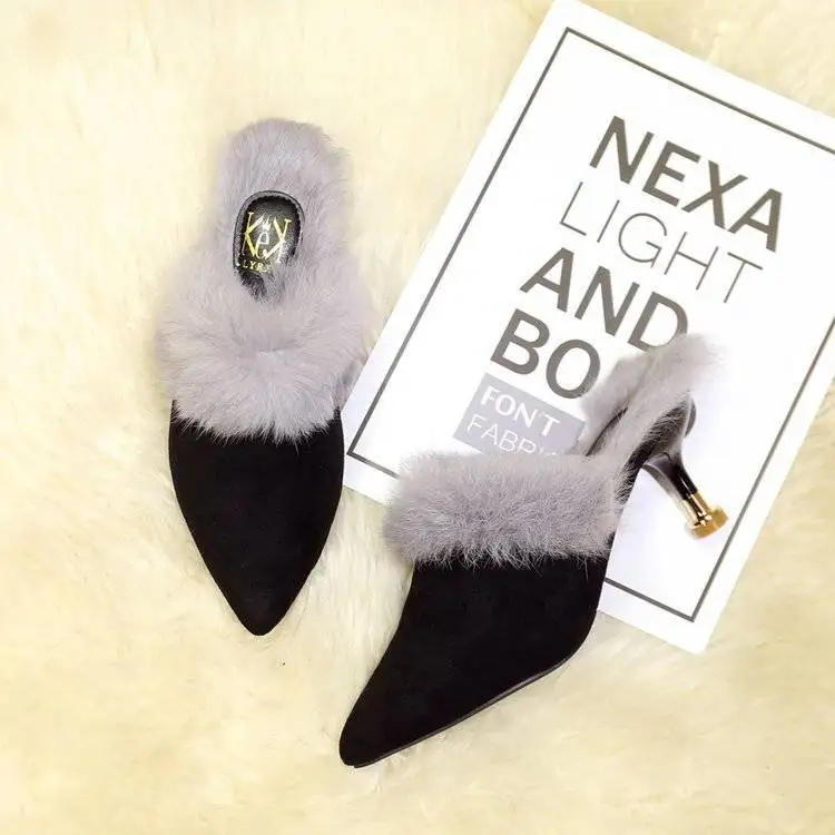 

Plush Slipper Women's Summer Outer Wear 2018 Autumn And Winter New Style Women's Pointed-Toe-Style Thin Heeled High-Heel Closed-