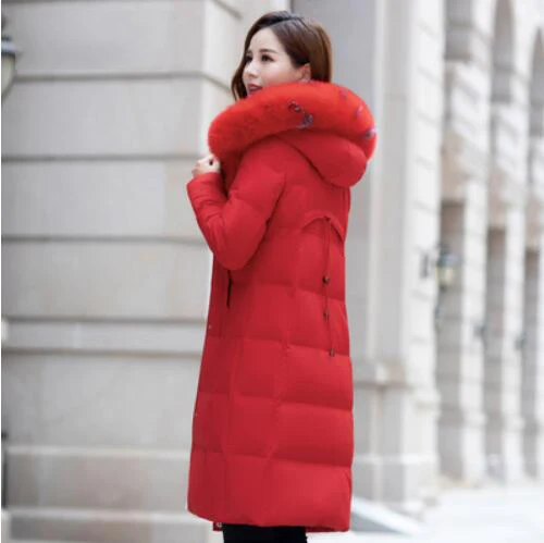 Parker пуховик пальто Женская средней длины секция новая зимняя тонкая Толстая Лисий мех плюс размер с капюшоном белая куртка на утином пуху для женщин - Цвет: Red