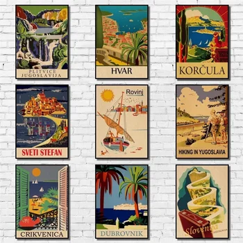 

Yugoslavia Scenery Poster Kraftpaper Watercolor Landscape Poster Art Painting Abstract Fancy Wall Sticker for Coffee House Bar