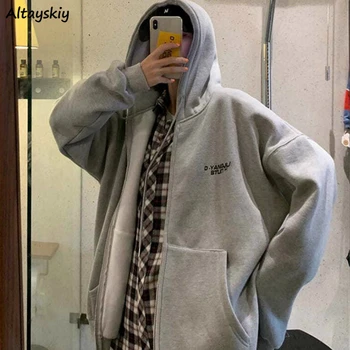 

Basic Jackets Women Spring Zipper Ulzzang Hoodies Loose Pure Gray Students Coat Leisure All-match Couple Outerwear Plus Size 4XL