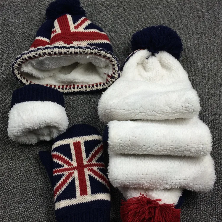 Толстый вязаный шарф с флагом, шапка, перчатки унисекс, детский шарф, комплект, шарф шляпа перчатки, комплекты зимняя шапка для девочек и мальчиков, перчатки и шарф