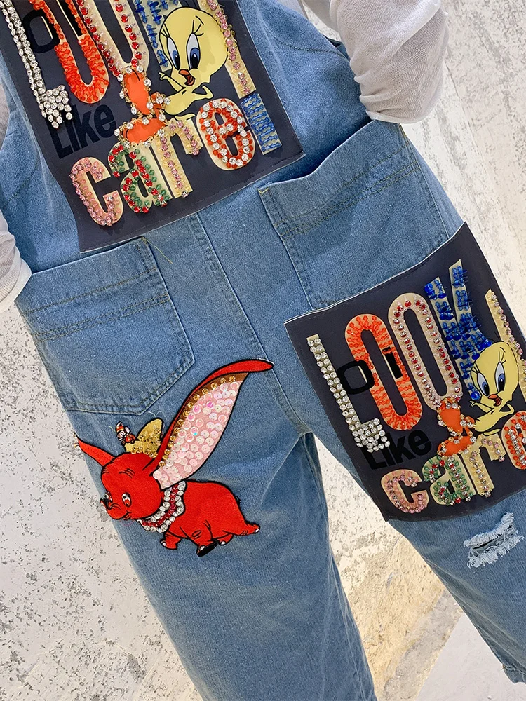 Cartoon denim bib female high street jumpsuit brand new loose embroidery workwear wide leg one-piece pants cartoon overalls