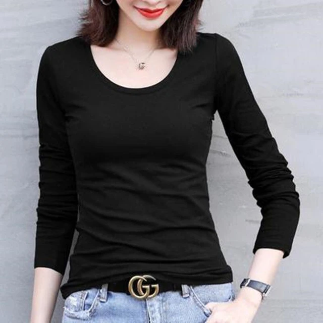 Camiseta de mujer Camiseta negra de manga larga con escote redondo