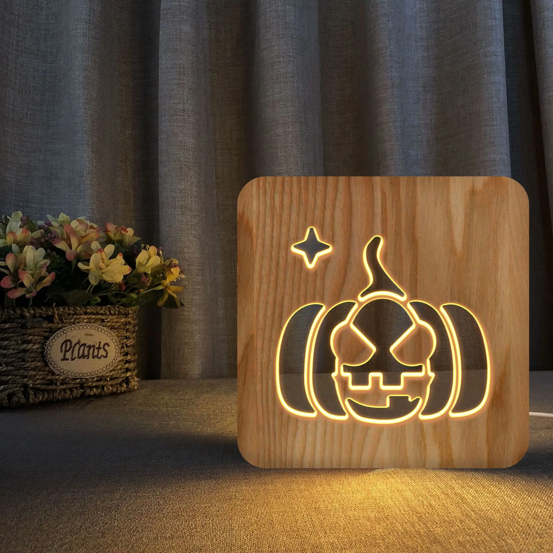 

Декоративная лампа на Хэллоуин в форме тыквы, призрака, лица, 3d светодиодный ночсветильник, деревянные поделки, креативная Настольная лампа с Usb, теплсветильник свет, Прямая поставка