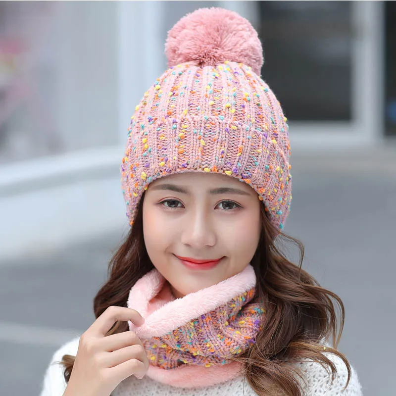 Women's Winter hat and Scarf Set Wool Skullies Beains Cotton Thick Winter Warm Hat Ring Scarf Female Hats Men - Color: pink