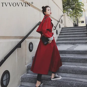 

TVVOVVIN2020 New Spring Lapel Belt Double Breasted Mid-length Trench Coat Women Streetwear Loose Slim Casual Windbreaker PD478