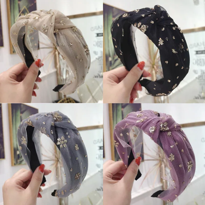 

Wide Side Headband for Women Fashion Hair Hoop Multi Purpose Gauze Sequins Bow Knot Hairband Korean Style Colors for Face Wash