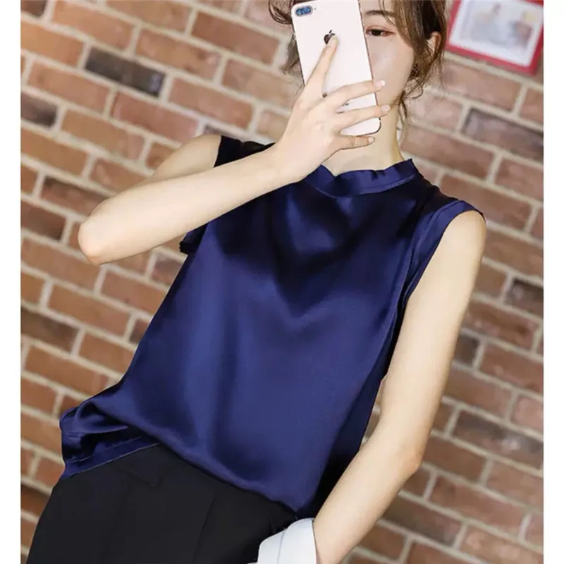 Summer New Satin Vest Women O Neck Sleeveless Pullover Top Loose Inner Wear Elegant Bottoming Shirt All-match Trend 3 Color