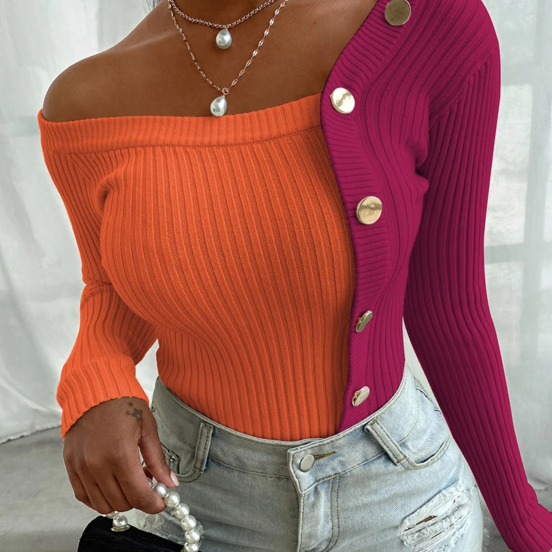 

Women Fashion Long Sleeve Pullovers Sweaters Autumn Fashion Female Brief Cozy Casual Button Design Knit Sweater