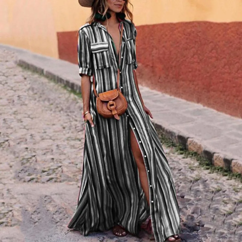 

Boho Long Maxi Striped Half Sleeve Dress Women Summer Vintage Party Beach Dress With Pocket