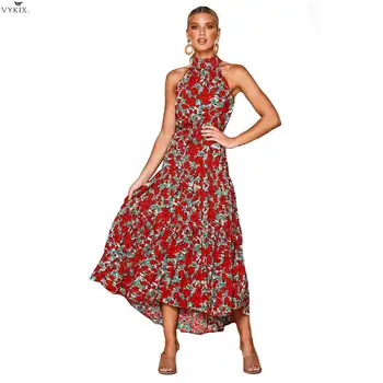 

2020 Style Spring Summer Maxi Dress Women Sleeveless Halter Print Bohemian Dress Fashion Night Clubwear Beach Loose Long Dresses