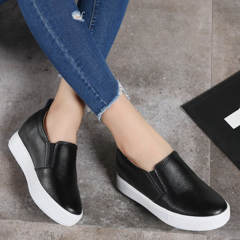 

Spring New Style Loafers Korean-style Leather Shoes Women's Casual Platform Thick Bottomed Elevator Slip-on WOMEN'S Wedge Shoes