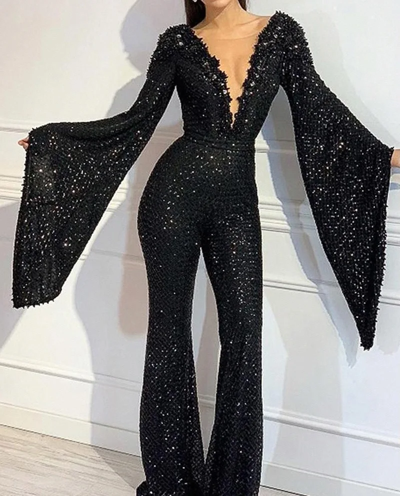 2022New Women Jumpsuit Sequin Elegant Casual Women's V-neck Bat-sleeved Top Black Solid Straight Fashion Long Jumpsuits