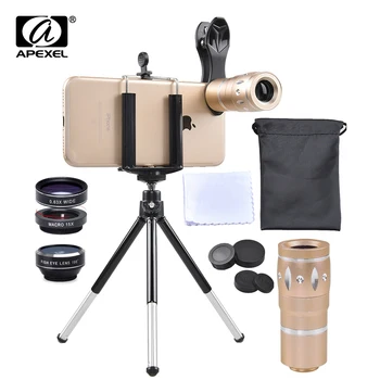 

APEXEL 4 in 1 Camera Phone Lens Kit 10x Telescope lens Fisheye + Wide-angle + Macro With Tripod Mobile lens for iPhone android