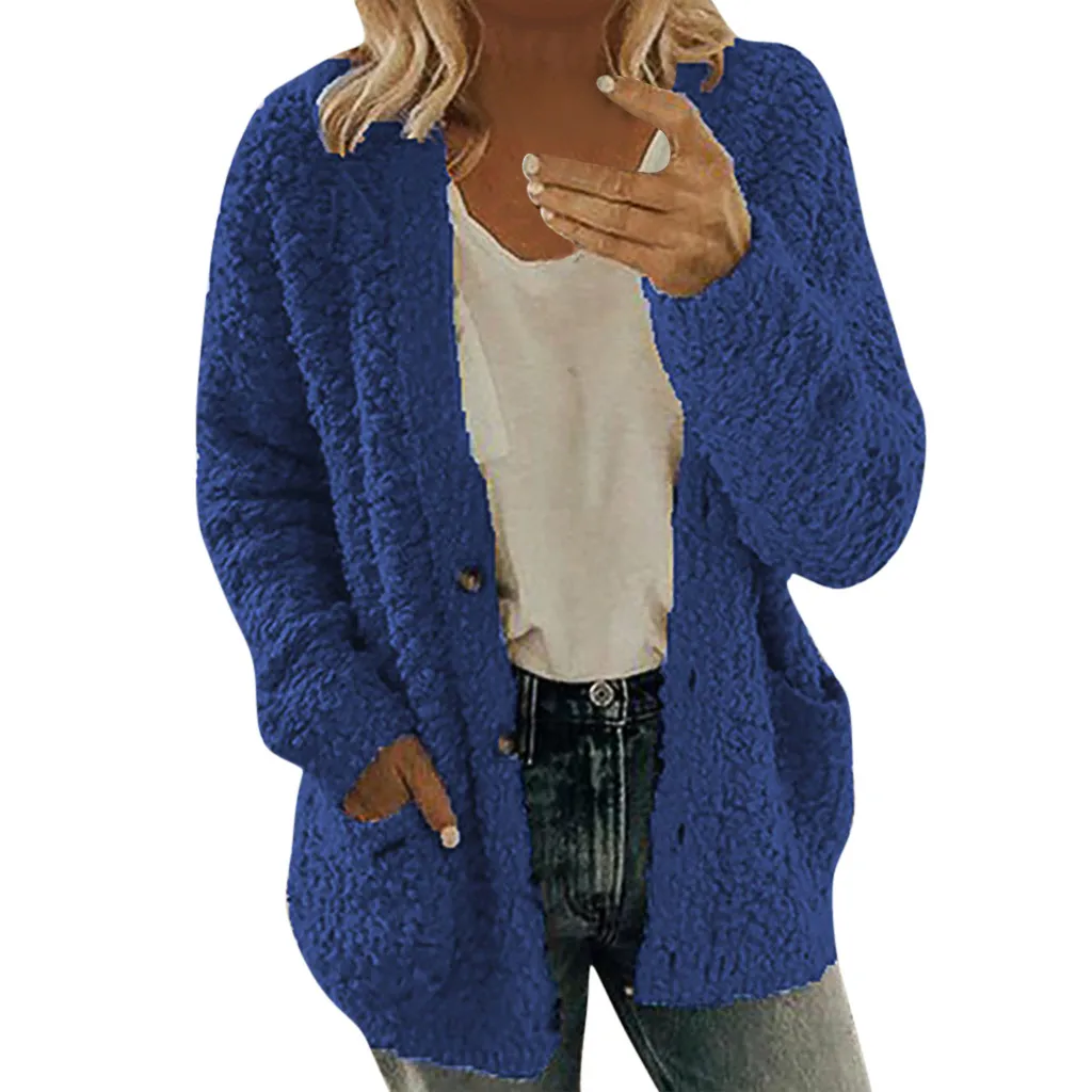 Кардиганы, свитера, женские зимние теплые меховые пальто, повседневные с длинным рукавом, на пуговицах, с карманами, верхняя одежда размера плюс, Женская шерстяная куртка^ 40 - Цвет: Blue