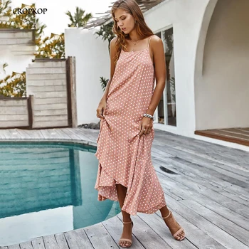 

Long Dress Polka-dot Ruffle Sexy Women Summer Backless Strapless Slip Sundress Casual Loose Midi Clothes 2020 Fashion Pink Green
