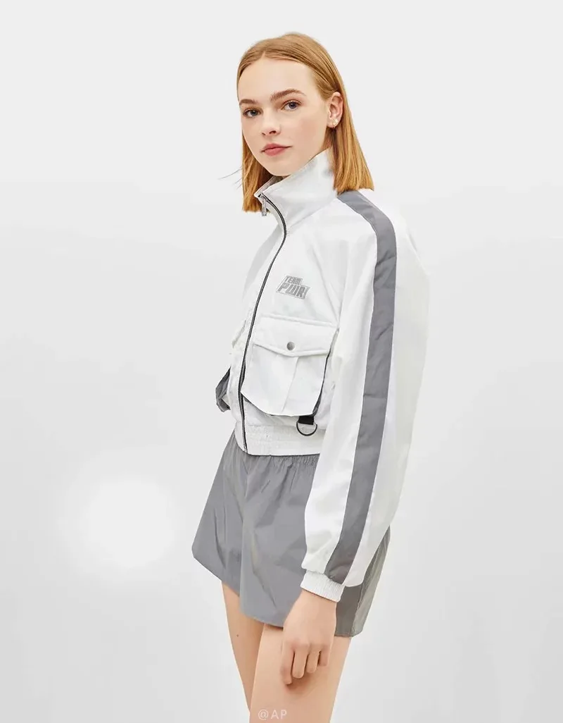 

AliExpress WOMEN'S Coat 2019 Autumn New Style Pocket Reflective Fold-down Collar Zipper Tooling Jacket