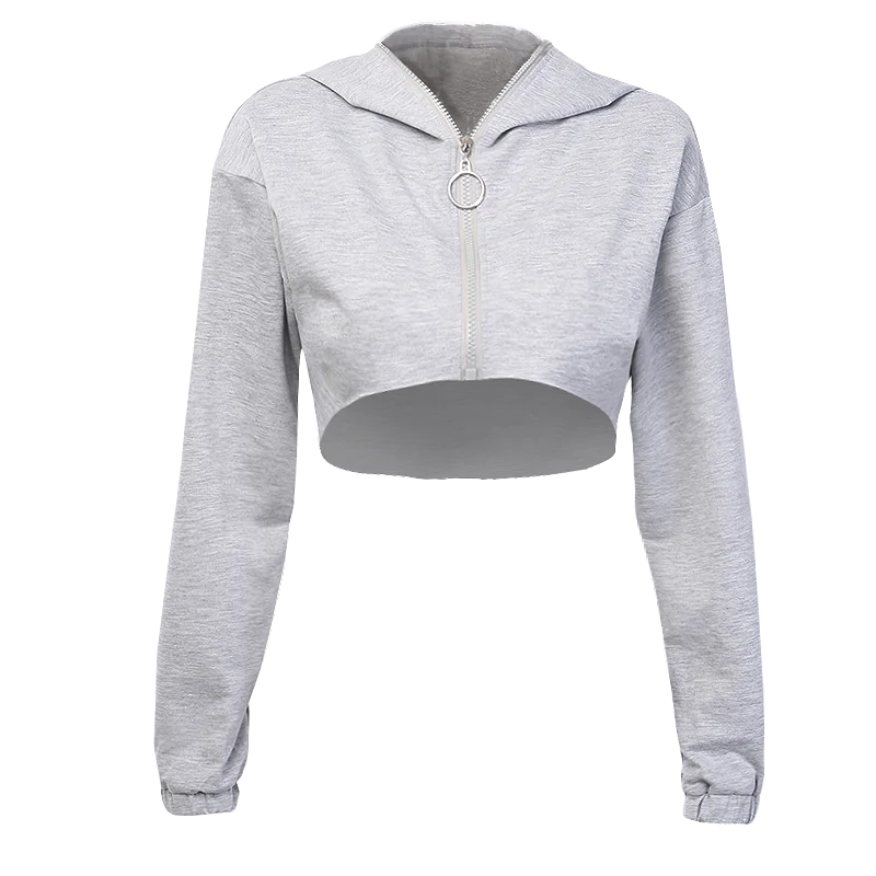 New Fashion Womens Long Sleeve Hooded Zipper Swearshirt Pullover CropTops Blouse