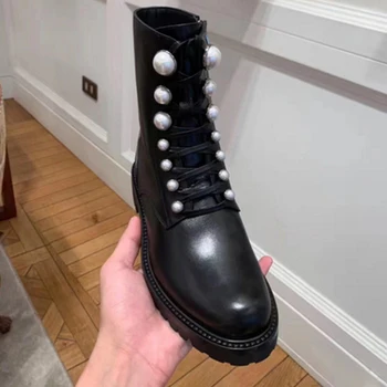 

2019 Fashion Winter Boots For Women Pear Studded Martin Booties Black Leather Chunky Thick Heeled Ankle Boots Round Toe Shoes