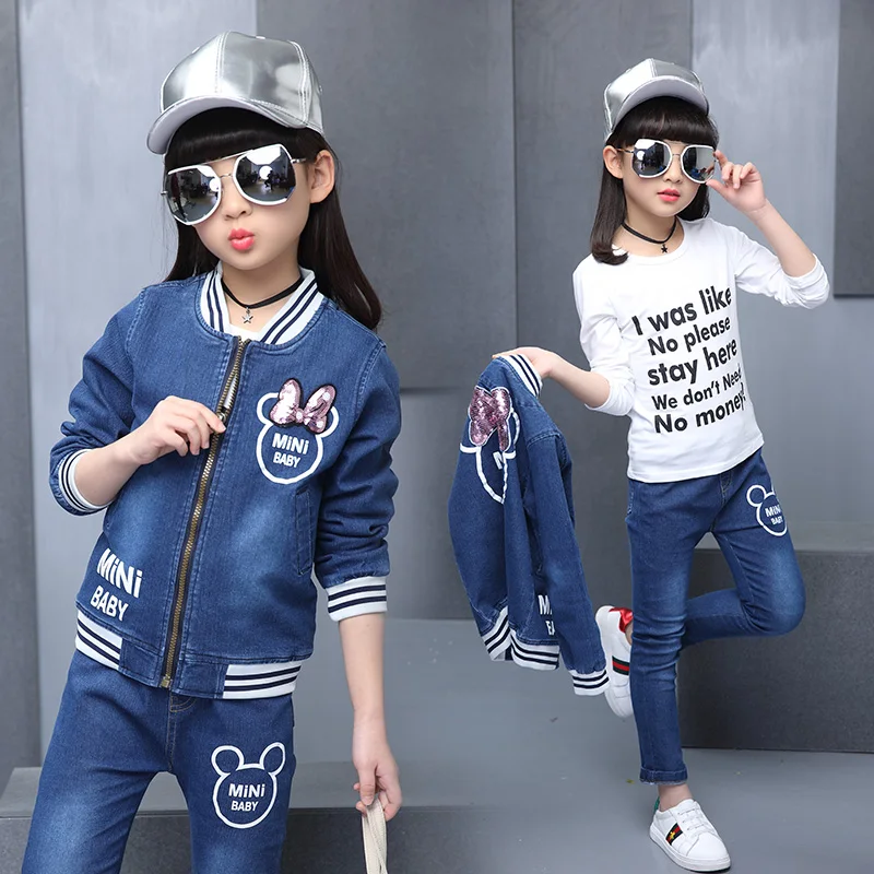 

Girl clothes for 6 7 8 9 10Years Spring fall Hot Children sets Girls Cotton bow Print Beauty Set Worn Washed 3 Pieces set