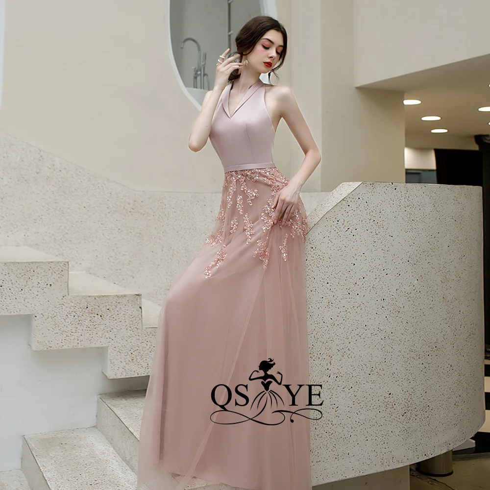 QSYYE ever pretty Длинные Выпускные платья тюль Холтер vestidos largos украшенное бисером с длиной до пола вечернее платье вечерние платья