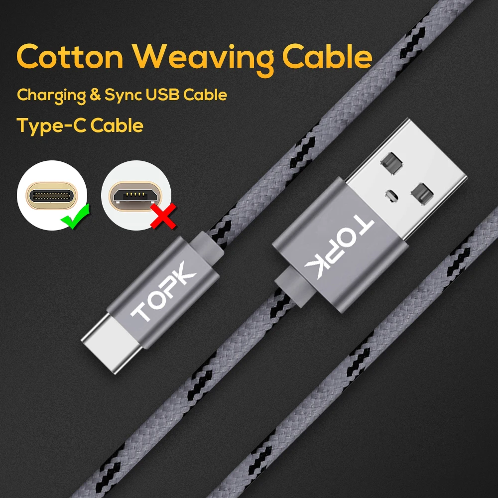 TOPK AN09 USB Type C Cable for Xiaomi Redmi Note 7 Mi 9 Fast Charging Data Sync USB C Cable for Samsung Galaxy S9 Oneplus Type-C