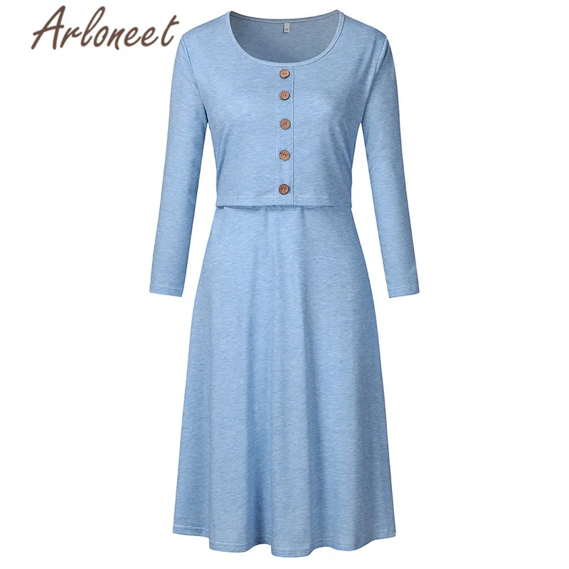 ARLONEET Pregnant Clothes Women Maternity Dresses Long Sleeve Dress Cotton Button Knee Length Dresses Winter Ladies Vestidos