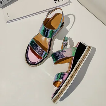 

Genuine Leather Square Head Semi-high Heeled Wedge Sandal Thick Bottomed Buckle WOMEN'S Casual Shoes