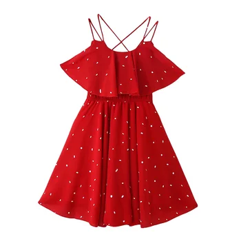 

red chiffon sleeveless dress age for 3-12 yrs little girls beach clothes 2020 summer children clothes cute dot ruffle kid frocks