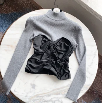 

2020 Autumn Female Top Clothes Black and White Color Matching Tight Sweater Turtleneck Knit Shirt Lady Chic Tops Jumpers