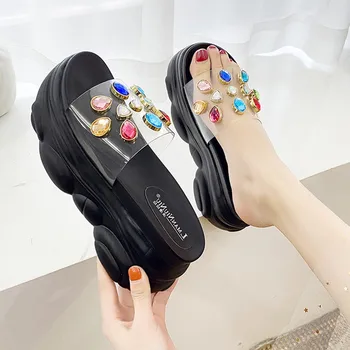 

Transparent Slippers Flat Shoes Female Slides Fashion Women Heels Platform Jelly Flip Flops Pantofle Soft Luxury High Glitter