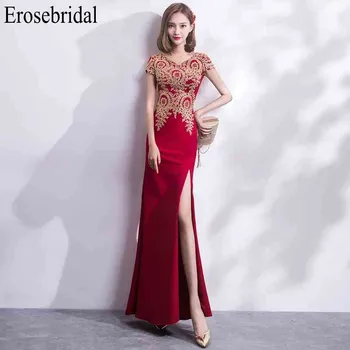 

Erosebridal Gold Lace Evening Dress Long 2019 Elegant Party Gown Sexy Front Split Red Gown Zipper Back robe soiree